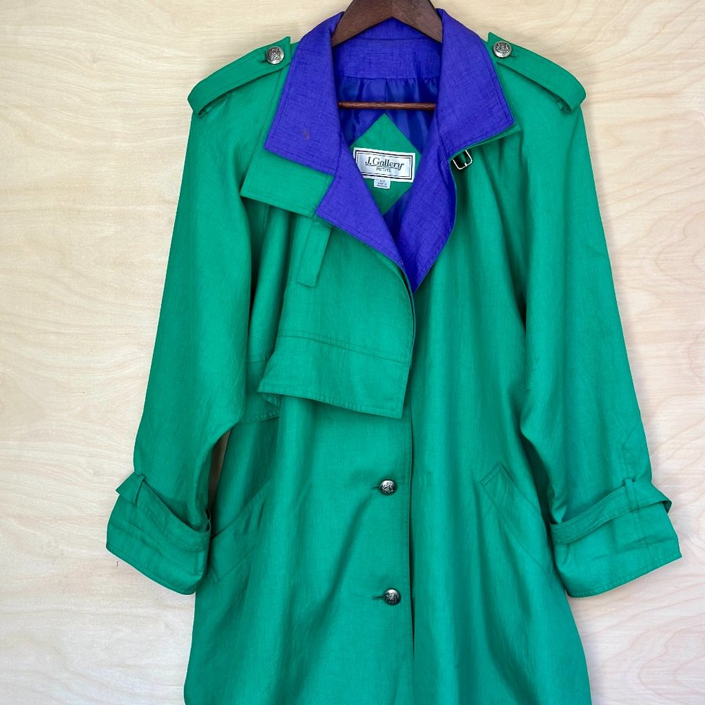 Vintage J. Gallery Green Purple Long Sleeve Trench Coat Retro Size 11/12 P
